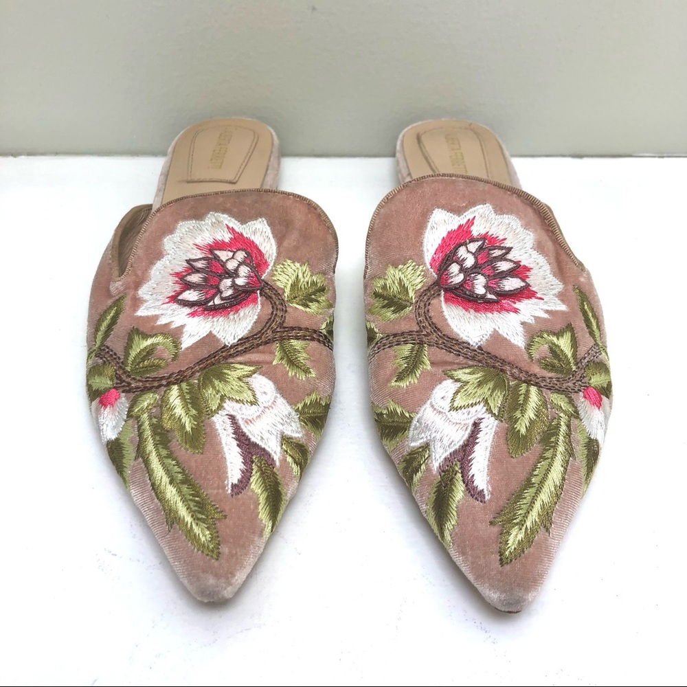 Alberta Ferretti Mia dusty rose velvet floral embroidered pointy mules 35
